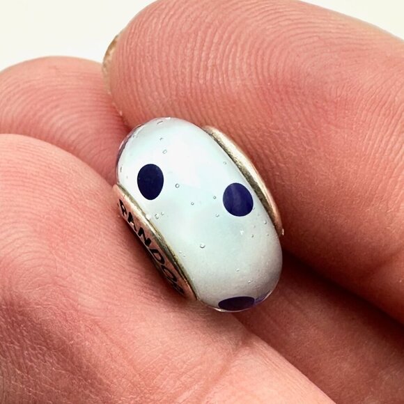 Pandora Blue White Polka Dot Murano Glass Charm 925 ALE Sterling Silver - Picture 1 of 3